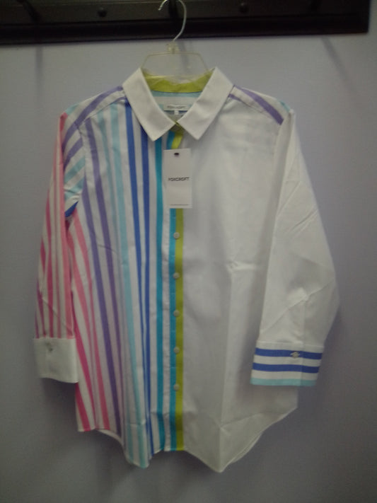Foxcroft, Charlie No Iron Stretch Ombré Stripe 3/4 Sleeve Shirt