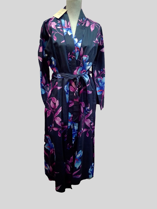 Caroline Navy Mix Lace-Detail Floral Print Long Robe | Nora Rose by Cyberjammies