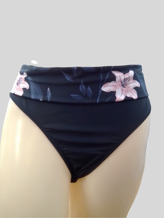 Black Sand floral Banded Fold Over Bikini Bottom