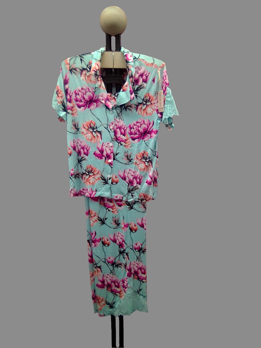 Lattelove Lace Short Sleeve Notch Collar & Pant Set