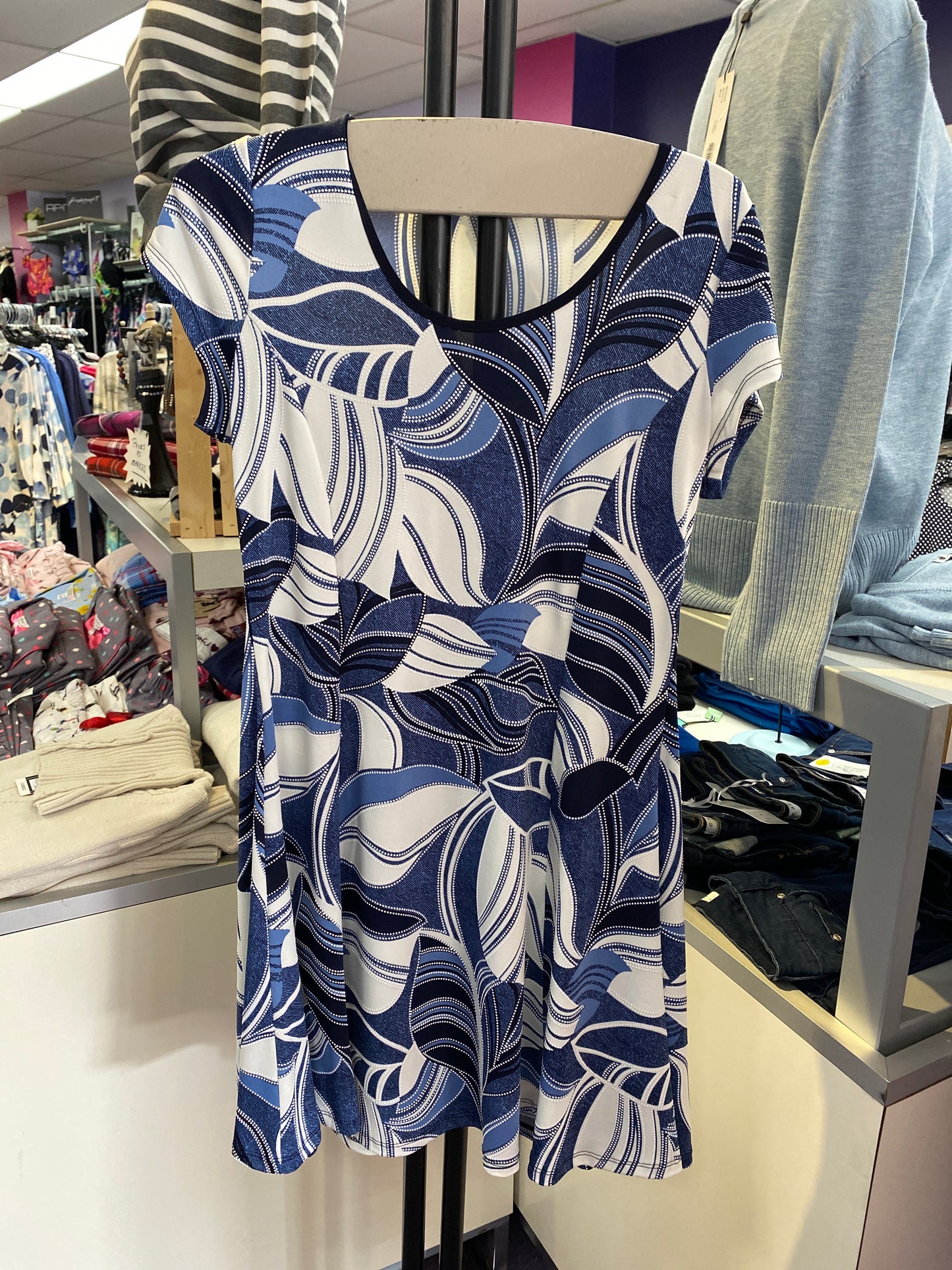 Blue Leaf Print A-Line Dress